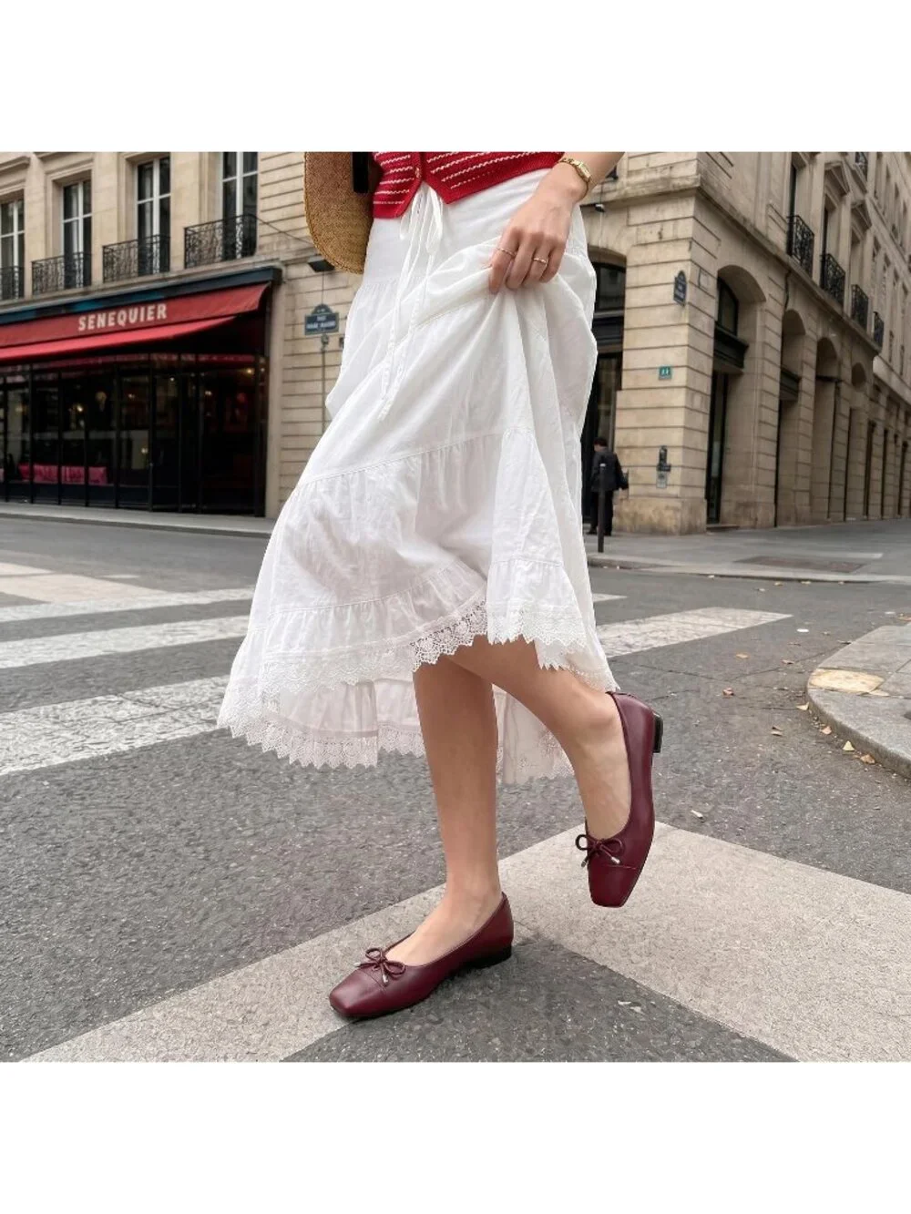 Women's Burgundy Ballet Flats Shoes Square Toe Bowknot Arch Support Comfortable